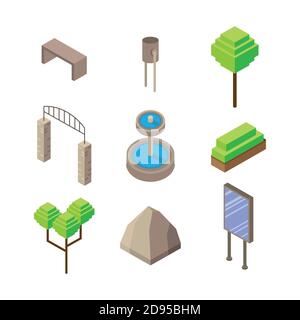 bundle of nine park Isometric style icons vector illustration design Stock Vector