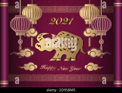 2021 Happy Chinese new year of ox golden purple relief lantern cloud and lattice frame on a vintage scroll Stock Vector