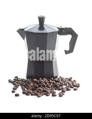 Coffee beans and bialetti coffee maker.  Moka pot isolated on white background. Stock Photo