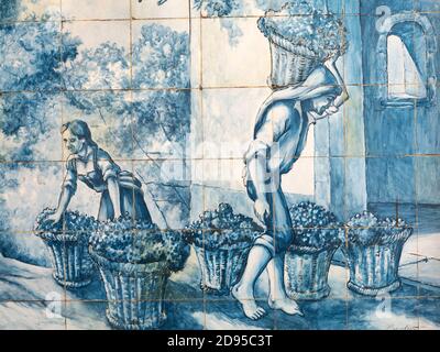 Funchal, Portugal - Sept 12 2016: Azulejo on the wall Mercado dos Lavradores a fruit, vegetable, flower and fish market in Funchal, Madeira. The build Stock Photo