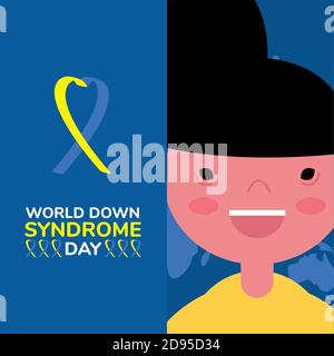 world down sindrome day campaign poster with ribbon and little boy vector illustration design Stock Vector