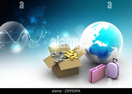 Open Cardboard  box money  with globe and suitcases Stock Photo