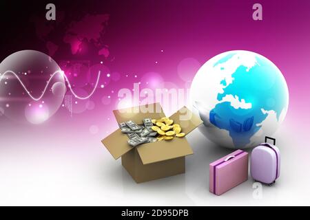 Open Cardboard  box money  with globe and suitcases Stock Photo