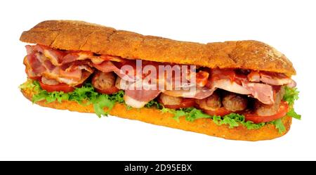 Sausage and bacon filled ciabatta bread sandwich with salad and red tomato sauce isolated on a white background Stock Photo