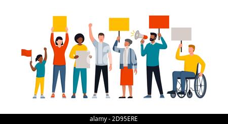 Group of diverse people holding signs and protesting together, social movements and rights concept Stock Vector
