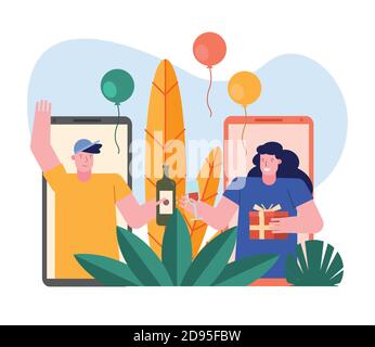 couple opening gifts in smartphones characters scene vector illustration design Stock Vector