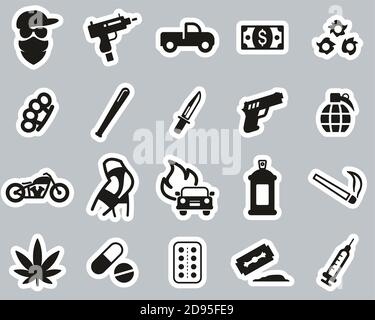 Modern Gangster Icons Black & White Sticker Set Big Stock Vector