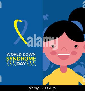 world down sindrome day campaign poster with little girl and ribbon vector illustration design Stock Vector