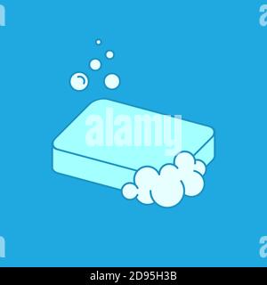 Soap bar with foam and soap bubbles. Wash your hands symbol. Soap bar color icon. Hygiene and body care. Blue soap on blue background. Clean hands. Stock Vector