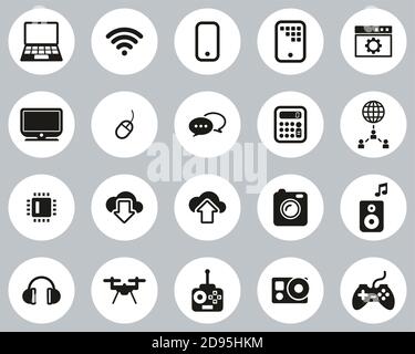 Modern Technology Icons Black & White Flat Design Circle Set Big Stock Vector