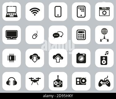 Modern Technology Icons Black & White Flat Design Set Big Stock Vector