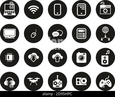 Modern Technology Icons White On Black Flat Design Circle Set Big Stock Vector