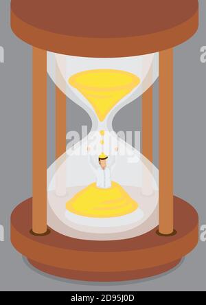 Cartoon man trapped in a pile of golden sand in old fashioned hourglass. Creative vector illustration on time management concept isolated on grey back Stock Vector