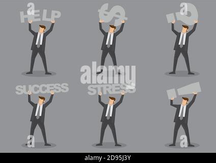 Cartoon faceless business executive carrying text and symbols signs over his head. Set of six vector character illustrations isolated on grey backgrou Stock Vector