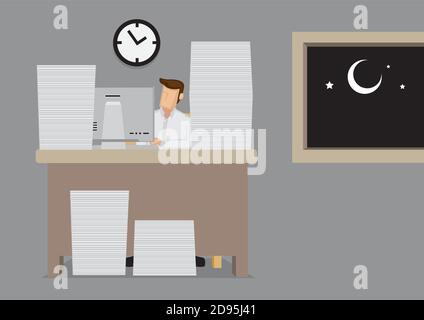 Cartoon employee behind computer with piles of document working late into the night. Vector illustration for concept on the lack of work-life balance. Stock Vector