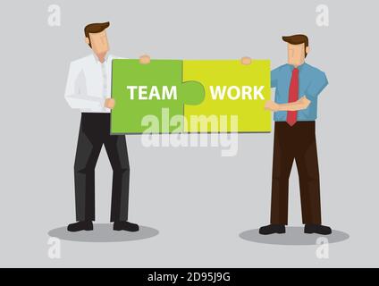 Cartoon business worker characters holding jigsaw puzzle pieces together to form text Teamwork. Vector illustration on teamwork at work concept isolat Stock Vector