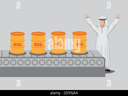 Cartoon Arabian man character in traditional Muslim costume standing beside a conveyor belt with barrels of oil on it. Vector illustration for oil and Stock Vector