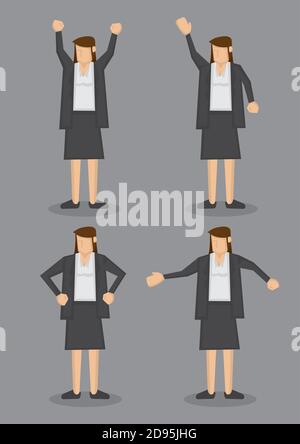 Vector illustration of a professional looking brunette in formal grey suit in four poses isolated on grey background. Stock Vector