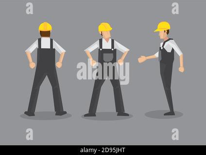 Vector illustration of a tradesman in construction industry. Full body front, profile and back views isolated on grey background. Stock Vector