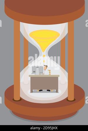 Tiny businessperson at work in front of computer inside a huge hourglass clock. Creative vector illustration for meeting deadline for job concept. Stock Vector