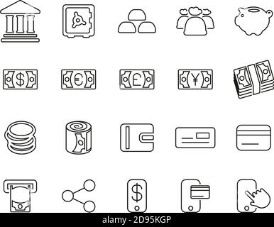 Money Or Currency Icons Black & White Thin Line Set Big Stock Vector