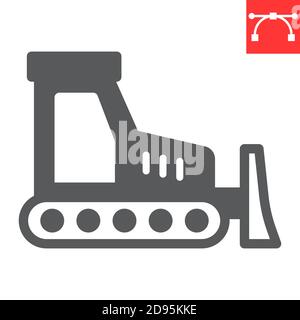 Bulldozer glyph icon, construction and vehicle, bulldozer sign vector graphics, editable stroke solid icon, eps 10. Stock Vector