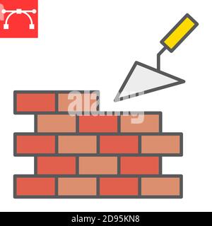 Brickwork color line icon, construction and trowel, build brick wall sign vector graphics, editable stroke filled outline icon, eps 10. Stock Vector
