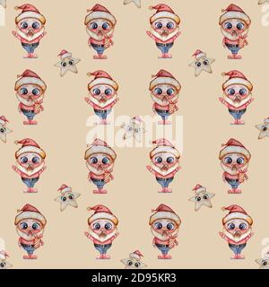 Christmas Seamless Pattern. Cute, playful old man Santa Claus with a gift and a cheerful star in a cap on a beige background. Watercolor. Hand drawing Stock Photo