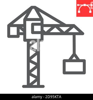 Construction crane line icon, construction and industry, building crane sign vector graphics, editable stroke linear icon, eps 10. Stock Vector