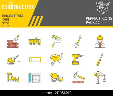 Construction color line icon set, repair collection, vector sketches, logo illustrations, construction icons, building equipments signs filled outline Stock Vector