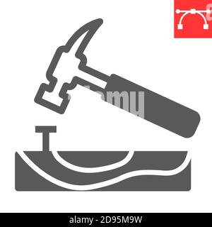Hammer with nail glyph icon, construction and industry, hammer sign vector graphics, editable stroke solid icon, eps 10. Stock Vector