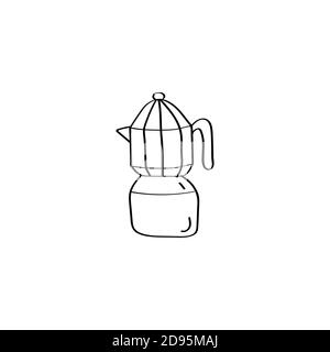 Coffee maker icon with italian pot. Moka pot. Geyser coffee maker. Doodle vector illustration Stock Vector