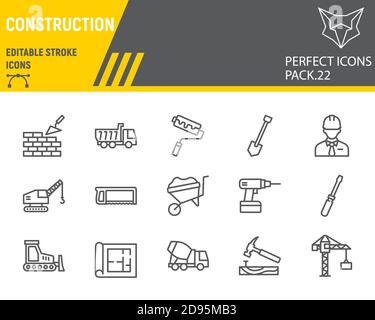Construction line icon set, repair collection, vector sketches, logo illustrations, construction icons, building equipments signs linear pictograms, e Stock Vector
