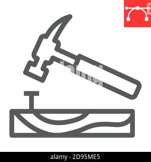 Hammer with nail line icon, construction and industry, hammer sign vector graphics, editable stroke linear icon, eps 10. Stock Vector