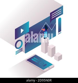 woman and charts with smartphone and web templates vector illustration design Stock Vector