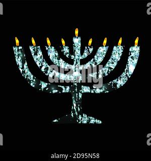 Silver Chanukaya. Jewish holiday Hanukkah. Vector illustration on black background. Stock Vector