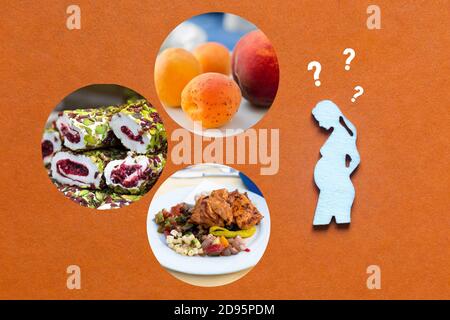 Pregnant woman nutrition menu Fruit, meat, dessert Concept Stock Photo