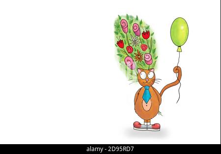 Cute funny cartoon cat holding a bouquet of flowers. White greeting card background illustration with copy space Stock Photo