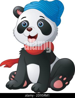 Vector illustration of Cute cartoon panda sitting wearing a red scarf and a blue hat Stock Vector