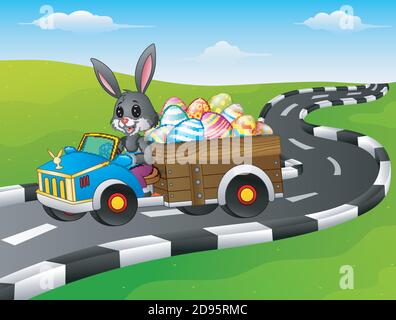 Vector illustration of Easter Bunny driving a car carrying easter eggs on road Stock Vector