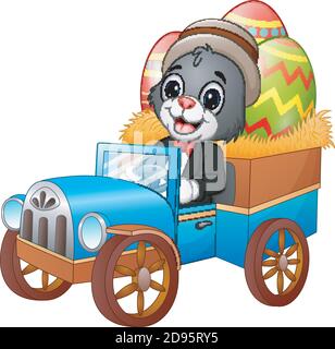 Vector illustration of Easter Bunny driving a car carrying easter eggs Stock Vector