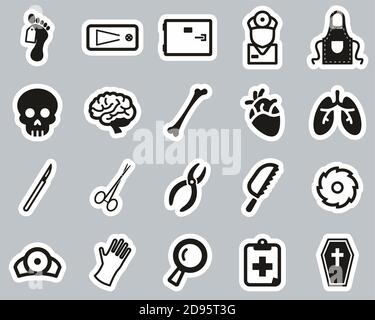 Morgue Or Coroner Equipment Icons Black & White Sticker Set Big Stock Vector
