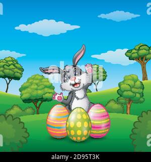Vector illustration of Happy rabbit cartoon with easter eggs in the park Stock Vector
