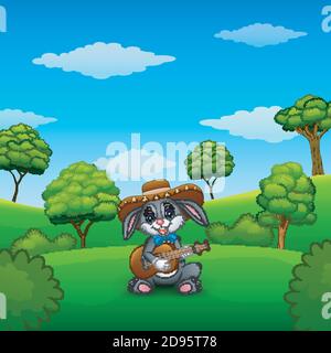 Vector illustration of Rabbit mexican relax playing guitar and singing in the park Stock Vector