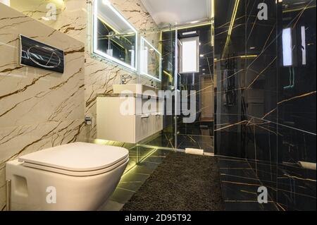 Spacious bathroom in black and white tones Stock Photo