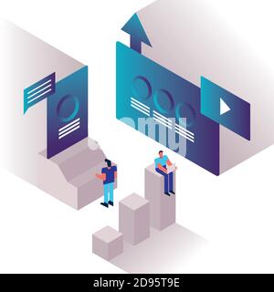 men couple and charts with media player templates vector illustration design Stock Vector