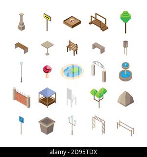 bundle of twenty five park Isometric style icons vector illustration design Stock Vector