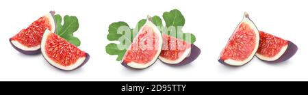 Fresh fig fruit slices with leaves isolated on white background. Set or collection Stock Photo