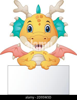 Funny dragon cartoon holding blank sign Stock Vector