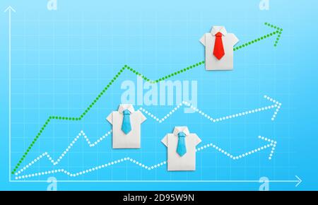 Growth charts with up arrows and businessmen in shirts with ties on blue background. Stock Photo
